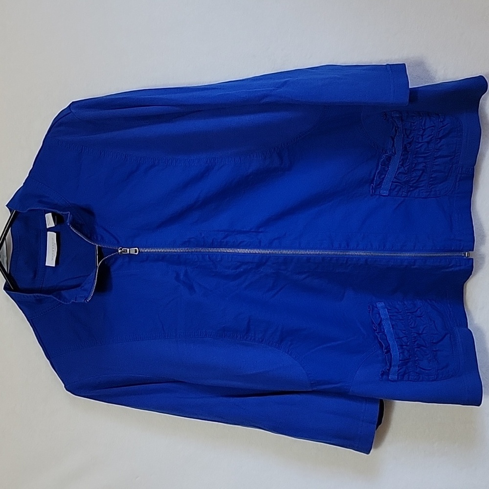 Chicos Weekends Blue Full Zip Jacket Women Size 3 L XL Cotton Spandex Ruffle